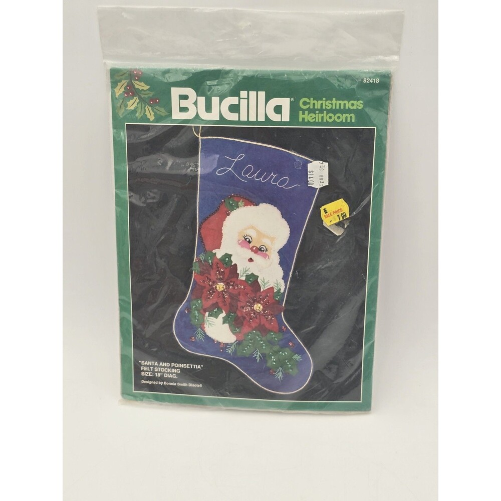 Vintage Bucilla Felt Stocking Kit Christmas Heirloom Santa And Poinsettia NOS
